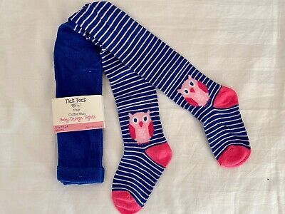 Baby Girls Royal Blue & Pink Owl Tights-6/12 M'ths-Cotton Rich With Elastine-New