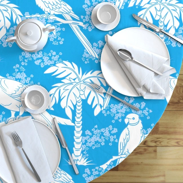 Round Tablecloth Tropical Paradise Birds Palm Trees Bright Exotic Cotton Sateen