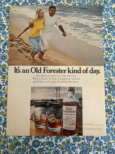 Vintage 1969 Old Forester Bourbon Print Ad Couple Running On The Beach