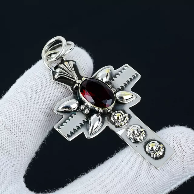 Red Garnet Gemstone Cross Pendant Handmade 925 Sterling Silver Pendant For Gifts