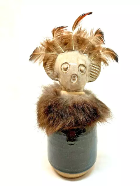 Native American Lake Art Pottery Style Kachina Doll Feathers Fur Rattles Signed