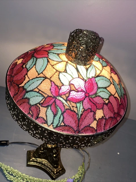 Vtg Brass Gold Filigree Table Lamp Tiffany Style Victorian Floral 18” Ornate 3