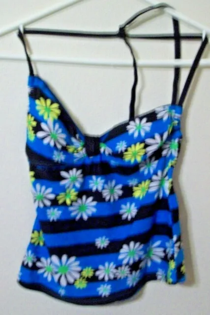 youth girls Medium swim top  blue floral daisy tie neck and part back padded bra
