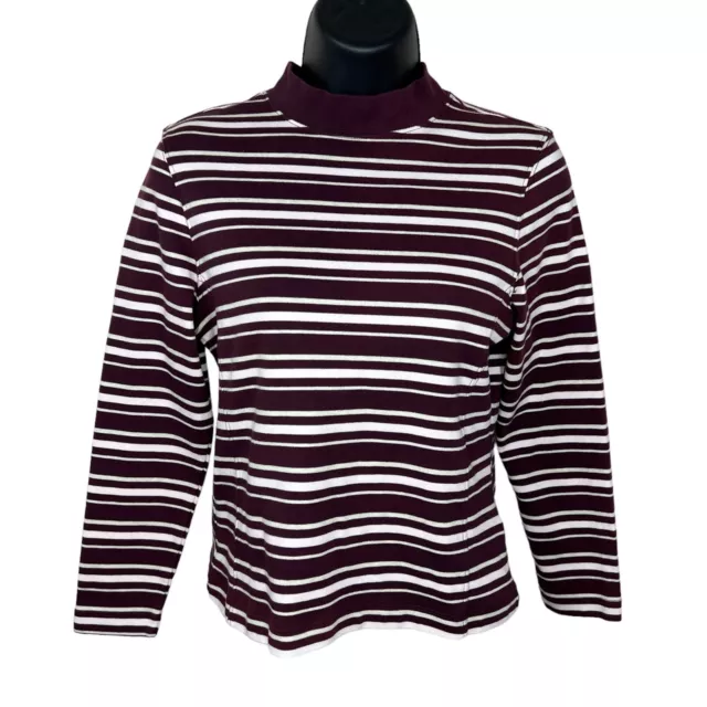 Petite Small Westbound Burgundy White Striped Cotton Top Long Sleeve Mock Neck