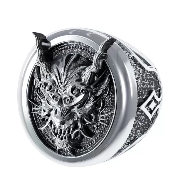 925 Sterling Silver Oni Mask Dragon Ring