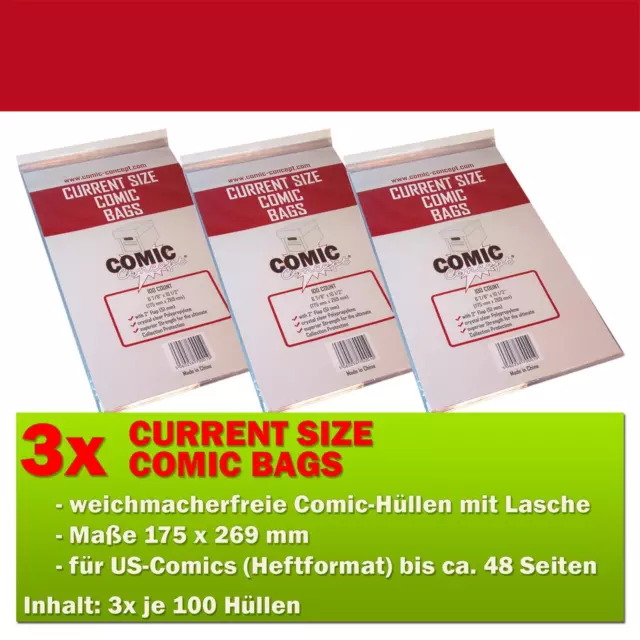 300x Comic Concept Current Size Comic Bags Hüllen m. Lasche 175 x 269 mm