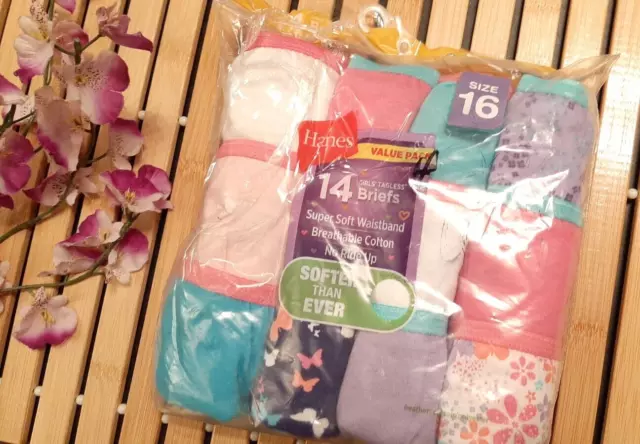 11 PACK ~ Girls HANES COTTON TAGLESS BRIEFS Size 16 NEW, OPEN PKG