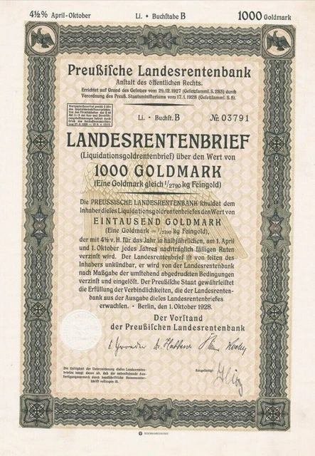 Germany 1928 Berlin Landesrentenbrief 1000 Goldmark Coupons NOT CANCELLED Bond