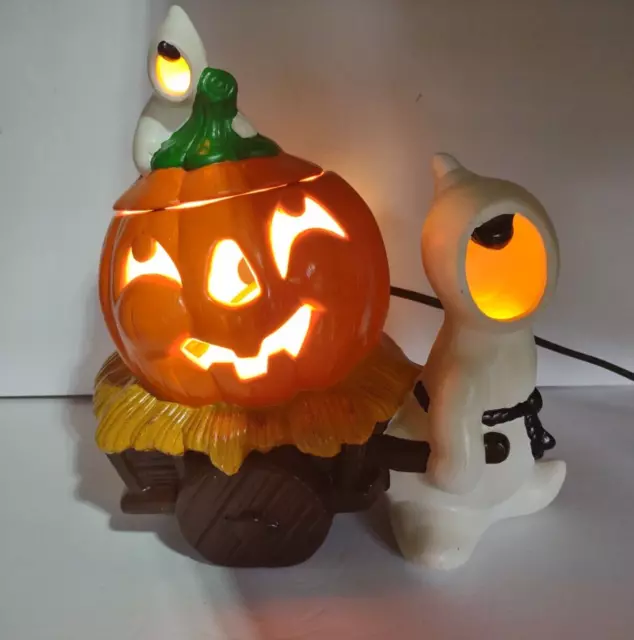 Vintage Ceramic Mold Halloween Light Ghost Pulling Jack O Lantern pumpkin wagon
