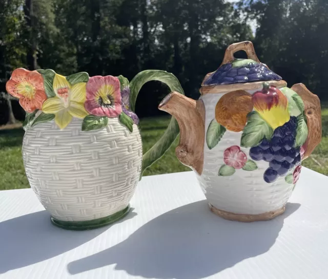 Fitz & Floyd Fruit Teapot 8” & 1.5 qt Floral Pitcher 7.5” 1995 Basket Weave Look