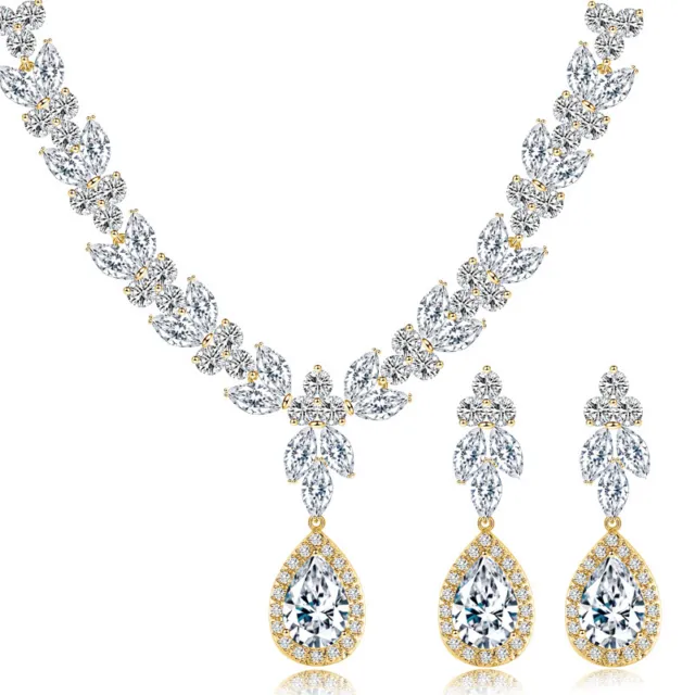 Women Gold Plated Leaf Drop Earrings Necklace Set Cubic Zirconia Wedding Jewelry