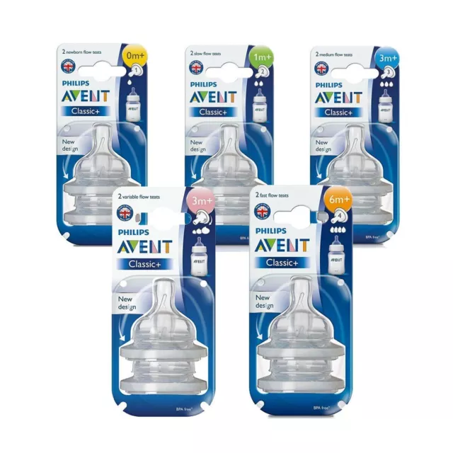 Philips Avent Classic+ 2 x Bottle Teats Newborn Slow Medium Fast Flow 0+, 1+, 3+