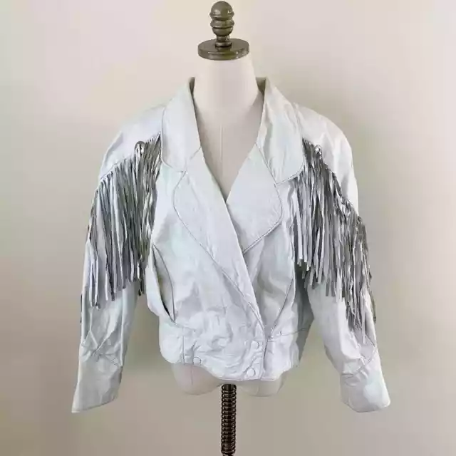 VINTAGE 80S/90S WHITE Leather Fringe Jacket w Concho Detail Women's ...