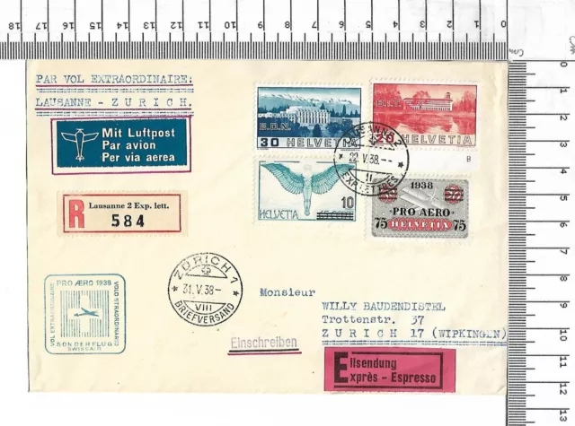 22.V.38 Pro Aero Helvetia 75 Zürich Briefversand - Lausanne Eilsendung ; 61652