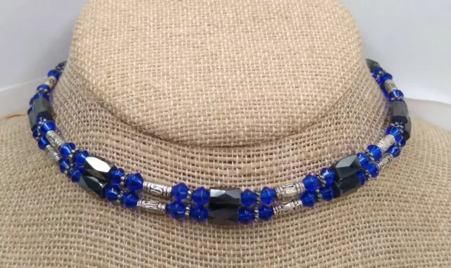 Vintage Magnetic Hematite and Acrylic Bead Necklace/Wrap Bracelet - 37" - Blue