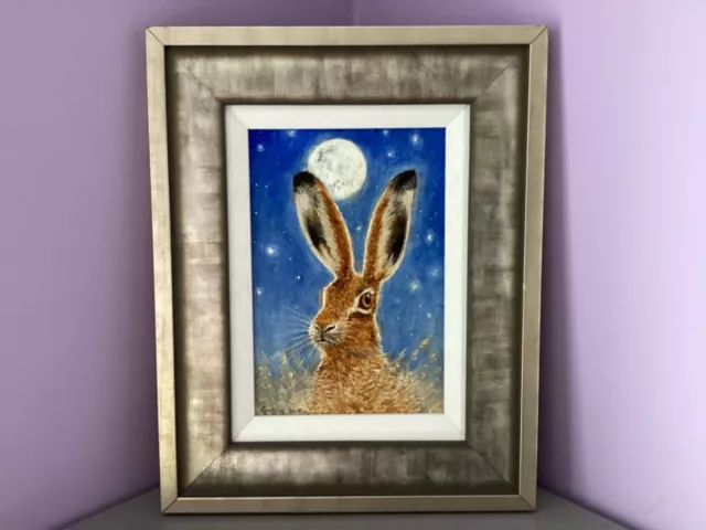 Oil painting ,Moonlit Hare,by Geoffrey Smith, approximately 15 and half cm x22cm