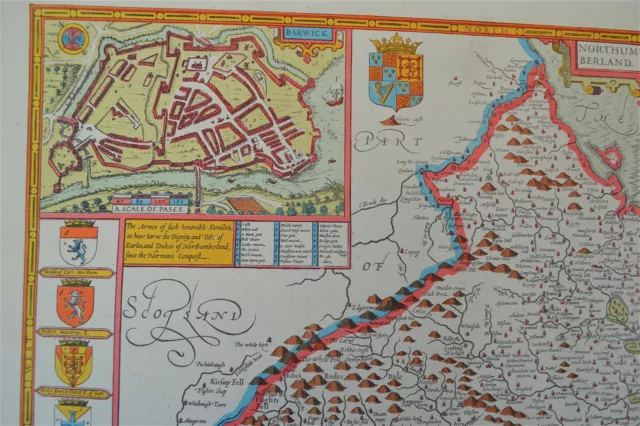 Vintage decorative sheet map of Northumberland John Speede 1610 3