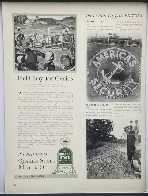 1941 Quaker State Motor Oil Field Day For Genius Vintage WWII Era Print Ad