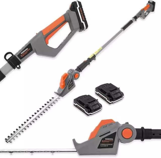 Terratek 2.4m Long Reach Cordless Hedge Trimmer Electric Cutter with 2 Batteries