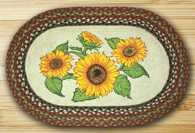 Braided Jute Stenciled Print Oval Area Rug. Earth Rugs. SUNFLOWERS