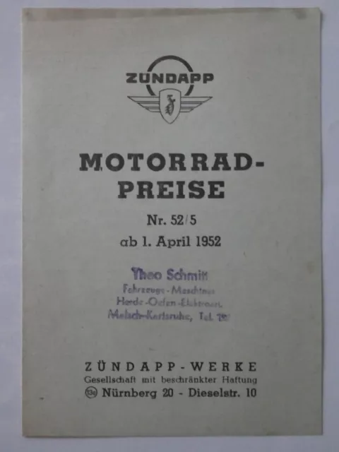 ZÜNDAPP PREISLISTE KS 601 Prospekt 1952 STEIB Seitenwagen S500L  LS200 LT200