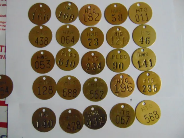 Lot of 25 Vintage 1.5" Round Brass Tags Misc Numbers Industrial Steampunk-CC