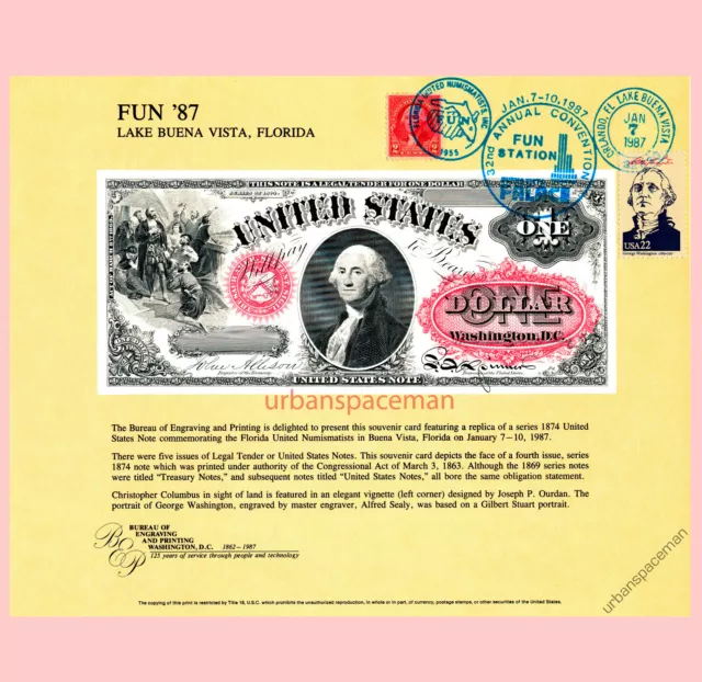 B102 FUN '87 BEP Souvenir Card $1 Legal Tender Note 1874 Washington FDSC