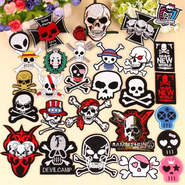 Motorbike Skull Head Badges Embroidery Patches Halloween Sew Iron On Patches