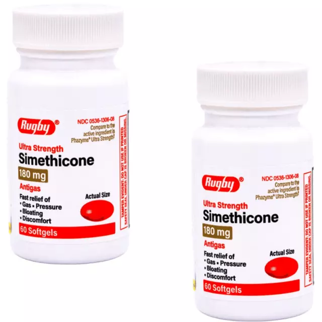 Rugby Ultra Strength Simethicone 180 mg - 60 Softgels | Phazyme (2 Pack) 4-2026