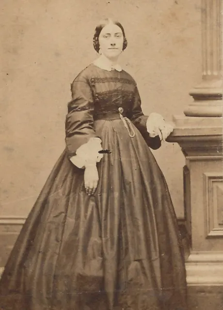 Antique CDV Photograph Lovely Civil War Era Woman Hoop Dress Undersleeves Snood