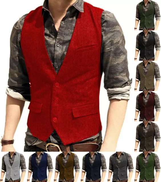 Casual Vests Mens Tweed Waistcoats Herringbone Groom Vintage Retro S-3XL Wedding