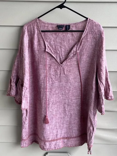 Tahari Shirt 1X Pink Tunic Linen Bell Sleeves Peasant Woven Casual Leganlook