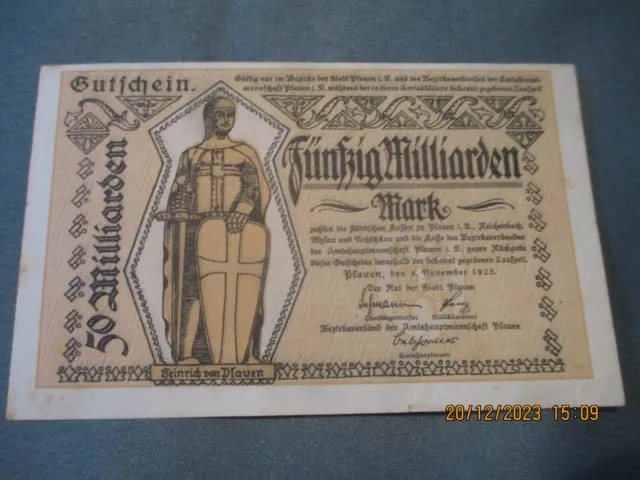 Gutschein über FÜNFZIG MILLIARDEN Mark, Amtshauptmannschaft Plauen, 6. Nov. 1923