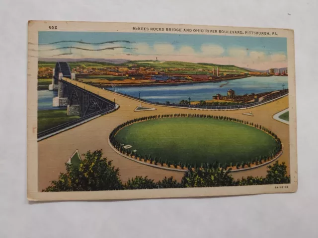 Postcard McKees Rocks Bridge and Ohio River Boulevard Route 88 in 1942 P003E