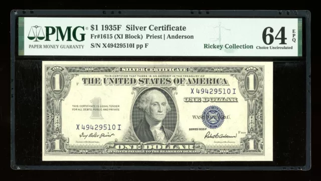 DBR $1 1935-F Silver Fr. 1615 XI Block PMG 64 EPQ Serial X49429510I