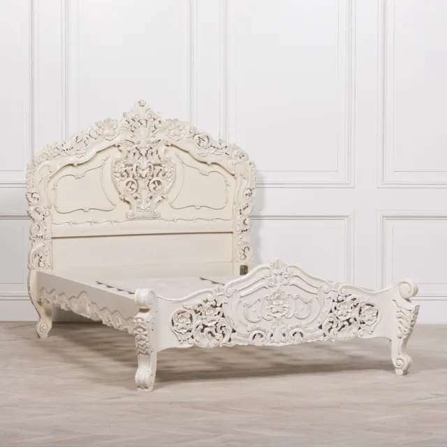French Rococo 4ft6 Double Size Mahogany Wooden Carved off White Painted Bed