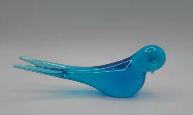 1960s Hand Blown Josef Marcolin Long Tail Blue Glass Bird • Sweden FM Konstglas