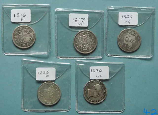 George III, George IV & William IV Shillings - 5 Coins