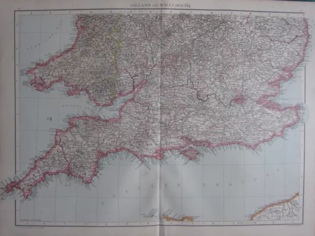 1893 Large Antique Map ~ England & Wales South Cornwall Dorset Glamorgan
