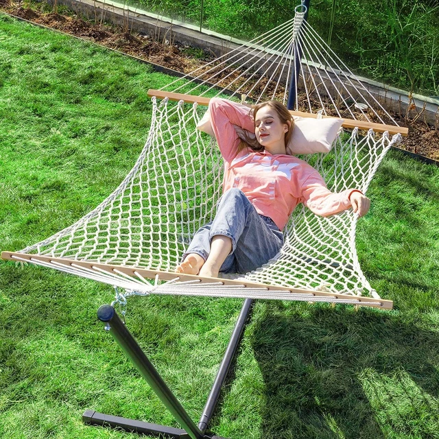 PNAEUT Double Rope Hammock with Stand Included, 12ft Heavy Duty Burlywood