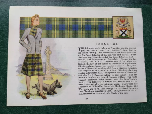 Schottischer Nachname Geschichte Innes / Johnston Clan Tartan Vintage Buchdruck 1957