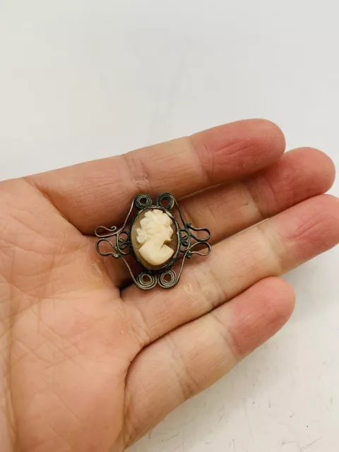 Vintage Victorian Silver Tone Filigree Hand Carved Shell Cameo Lady Pendant