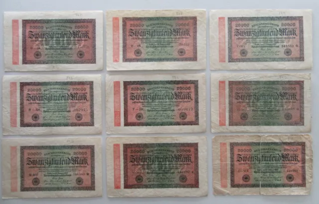 9x Zwanzigtausend 20 Tsd. Mark Berlin Reichsbanknote 20000 Geldscheine alt