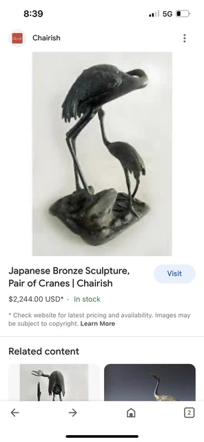 Antique Early 20th Century Japanese Meiji Style Bronze Sculpture Pair Of Cranes
