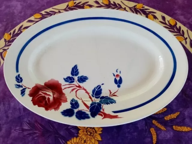 Plat de Service Ovale ancien KG Lunéville France Modèle Chantal Décor Rose Bleue