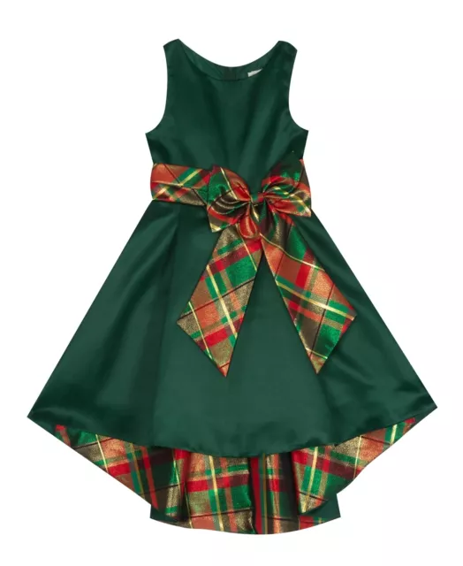 Big Girls Satin Dress with Hi Low Skirt and Plaid Bow SIZE 14