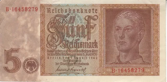 Currency Germany 1939 WW2 Fascism War 5 Reichmark Funf 5 Circulated WORN