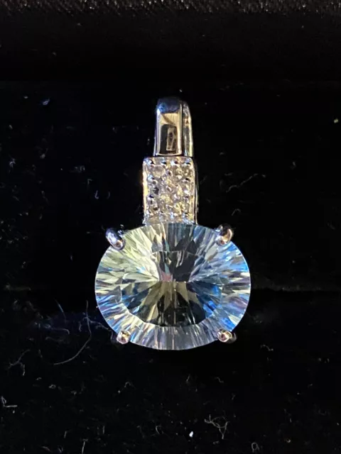 9K Sky Blue Topaz & Diamond White Gold Pendant Concave Cut Stunning Gift