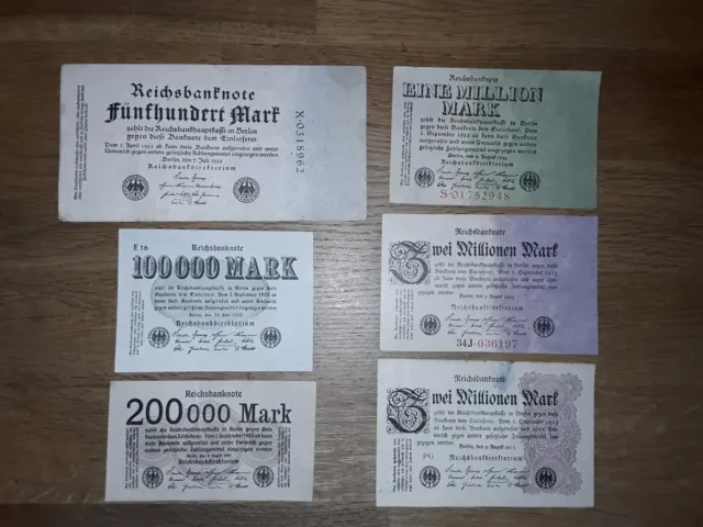 6 x Reichsbanknote 500/ 100.000/ 200.000/ 1 Million/ 2 Millionen Mark 1923