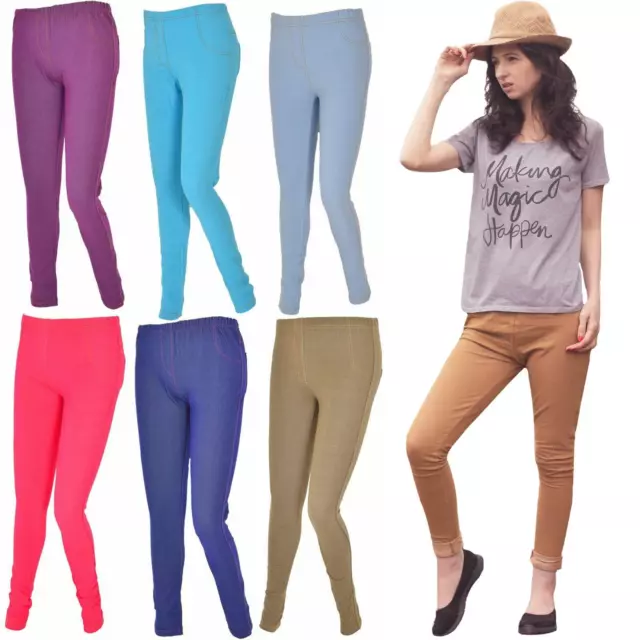 Ladies Skinny Jeggings Coloured Denim Pants Stretchy Trousers Leggings Pockets